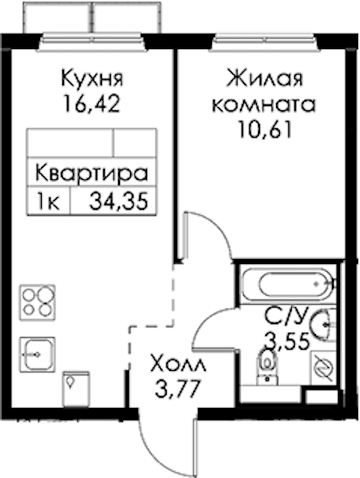1-комнатная квартира 34.35 м², 4/15 эт., ЖК «Янинский лес»